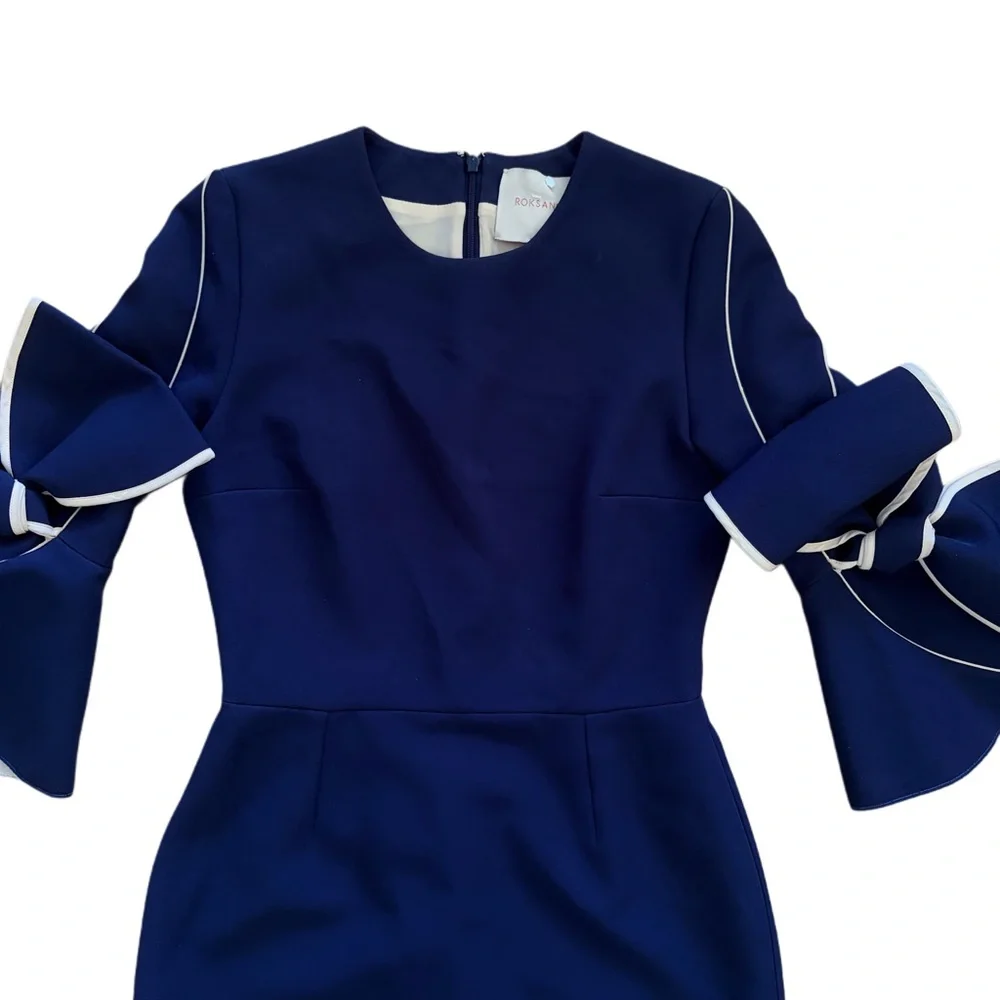 Roksansa Elegant Navy Blue Dress with Bow Sleeve Details - Picture 4 of 6